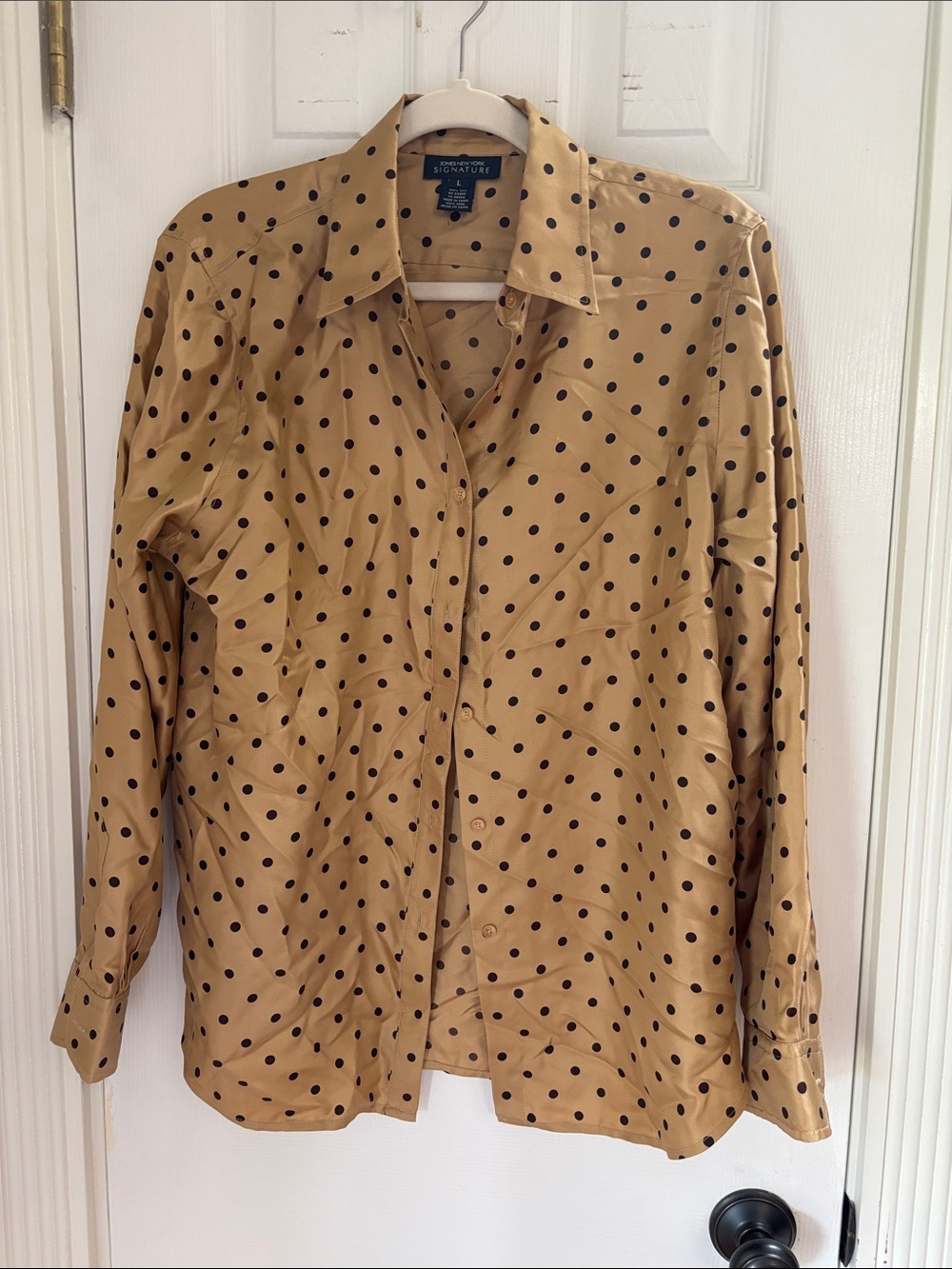 Jones New York Tan Silk Button-Down with Brown Polka Dots